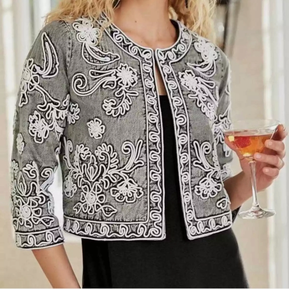 Soft Surroundings Gray Acid Wash Wildwood Bolero Floral Career Jacket Size XL